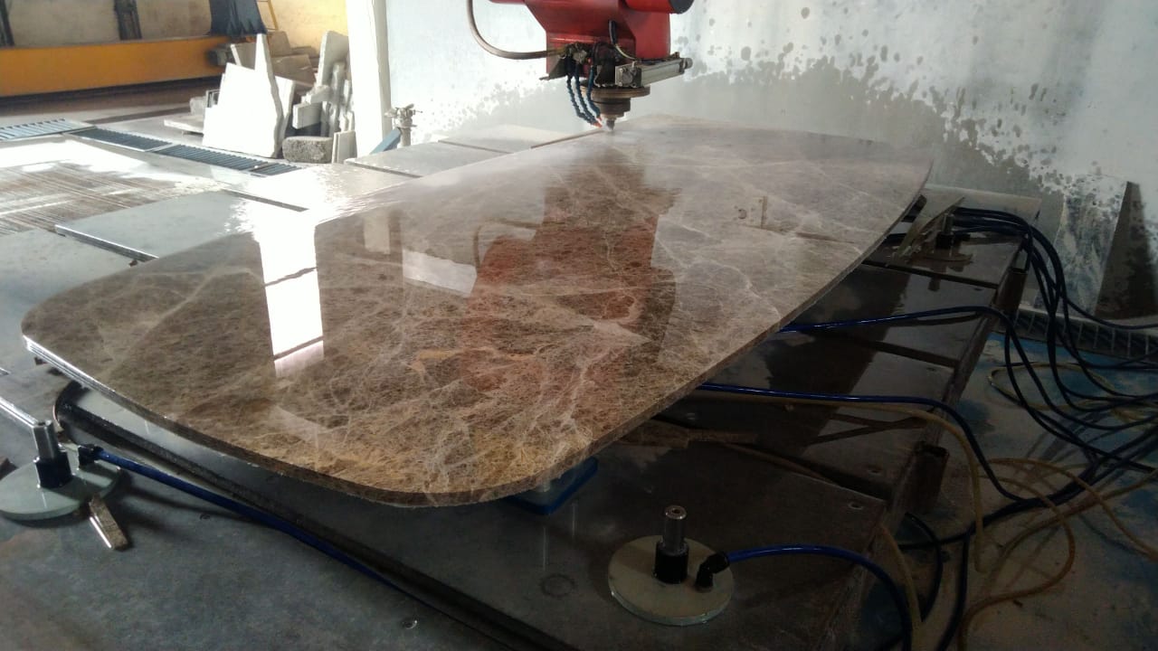 Custom stone table tops fabricated in marble and granite, cut to shape and hand-polished
